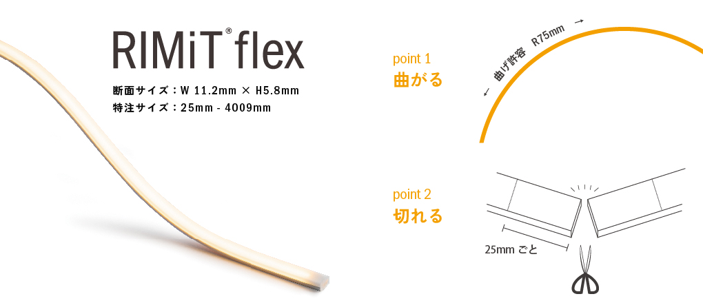 「RIMiT flex(リミット フレックス)」の商品特長。断面サイズW11.2mm×H5.8mm。特注サイズ25mm-4009mm。point1曲がる 曲げ許容R75mm。point2切れる 25mmごと。
