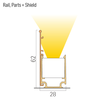 the front view / Straight & Curved installation / Rail, Parts + shield / Glare cut