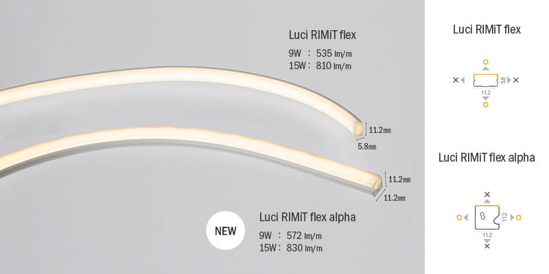 Luci RIMiT flex [ 9W : 535 lm/m, 15W : 810 lm/m | 11.2 m * 5.8 m ], (NEW)Luci RIMiT flex alpha [ 9W : 572 lm/m, 15W : 830 lm/m | 11.2 m * 11.2 m]