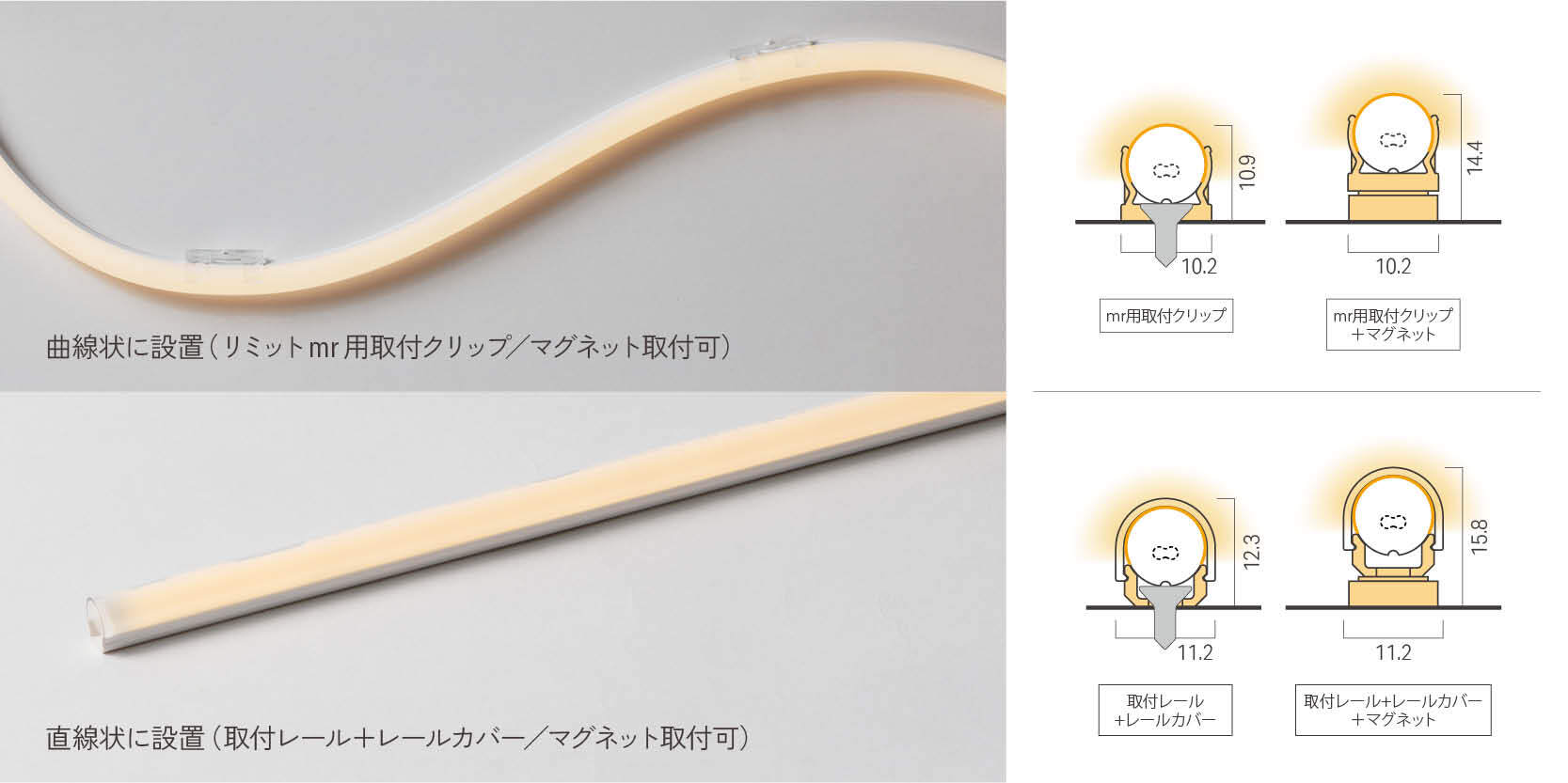 曲線上に設置（リミットmr用取付クリップ/マグネット取付可）直線状に設置（取付レール＋レールカバー）