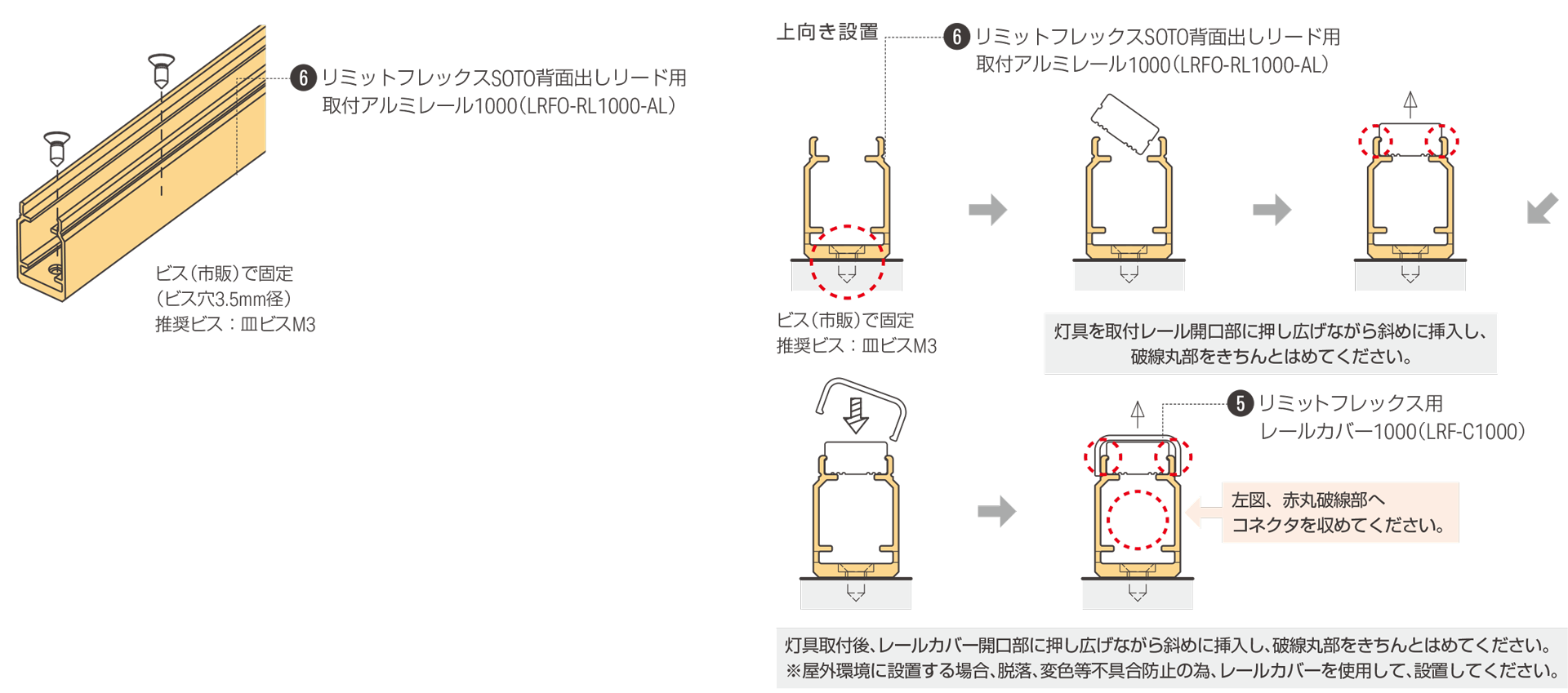 背面出しリード線の灯具を直線状に使用する場合